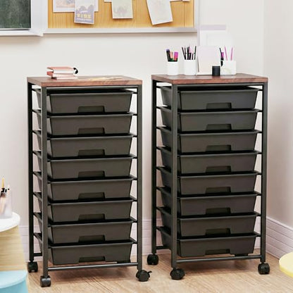 Rolling Cart with 8 Drawers, Storage Drawers Cart with Wooden Tabletop and Lockable Wheels, Craft Storage for Living Room, Office, Classroom, Craft Room, Bedroom (Black) - color: Black