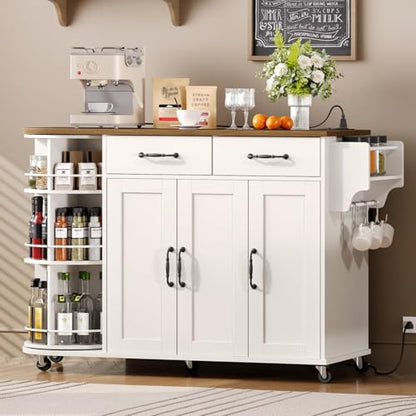 Kitchen Island with Power Outlet & Drop Leaf, Kitchen Rolling Island with Rotating Organizer, Kitchen Island Cart with Storage Cabinet, Mobile Island Table for Kitchen, White and Walnut - color: White + Walnut