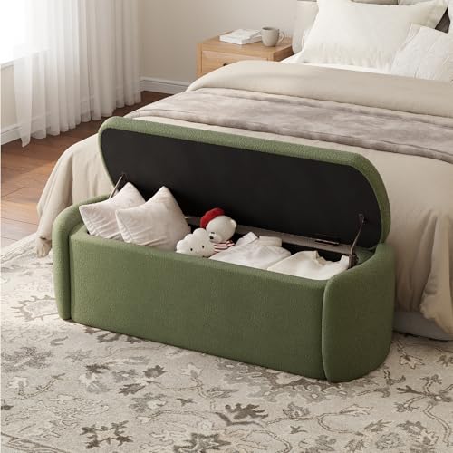 VKNOW Storage Bench, Upholstered Storage Ottoman Bench with Hinge, Green | Ottoman Bench with Large Capacity, Curved Frame, King Size Bench, Storage Bench for Bedroom, Living Room, Entryway, Window - color: Green, size: 51.4"