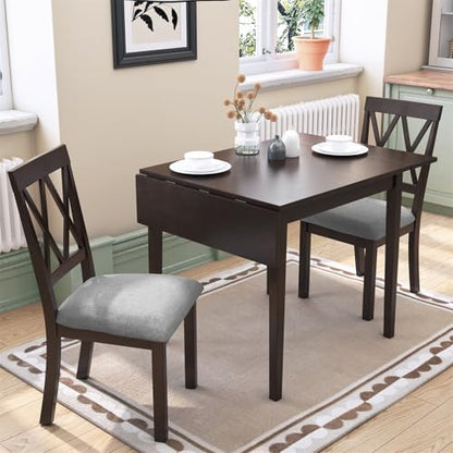 3Pcs Dining Set with Drop Leaf Dining Table and 2 X-Back Chairs, Solid Wood Kitchen Table Set for Small Place, Espresso+Grey - color: Espresso+grey
