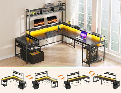 EnHomee 64x59 Inch Two Person L Shaped Gaming Desk with Shelf & LED Lights | 4-Layout with 4 AC+2 USB Charging Ports, Remote Lights for Gaming Room, Black - color: Black