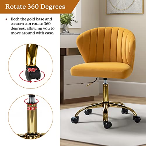 TINA'S HOME Office Desk Chairs with Wheels & Gold Base, Modern Velvet Cute Armless Office Chair, Adjustable Low Back Swivel Rolling Chair, Upholstered Task Chair for Living Room Vanity Study-Mustard | Modern Velvet Cute Armless Office Chair, Adjustable Lo