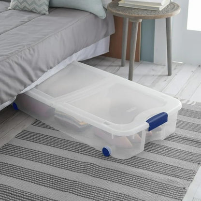The 66 Quart Clear Underbed Storage Container with Latch Lid and Wheels, Blue