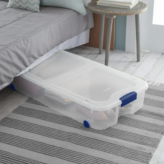 The 66 Quart Clear Underbed Storage Container with Latch Lid and Wheels, Blue