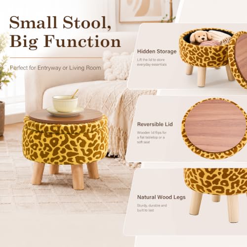 Wimarsbon Storage Ottoman, Modern Round Footrest with Soft Padded Seat, Pattern Velvet Footstool with Wood Legs, Accent Small Table or Plant Stand for Hallway, Living Room (Yellow) - color: Yellow