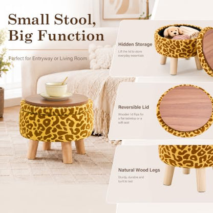 Wimarsbon Storage Ottoman, Modern Round Footrest with Soft Padded Seat, Pattern Velvet Footstool with Wood Legs, Accent Small Table or Plant Stand for Hallway, Living Room (Yellow) - color: Yellow