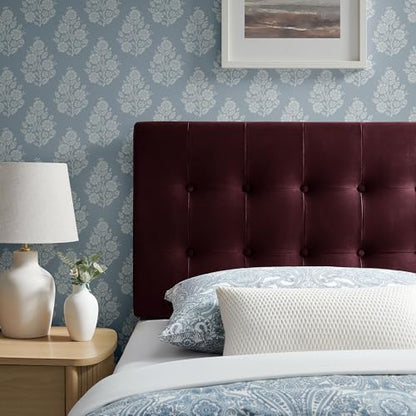 Modway Emily Twin Size Performance Velvet Headboard in Mulberry - Stain-Resistant Velvet Upholstery with Button Tufting and 7 Adjustable Height Positions - color: Mulberry, size: Twin
