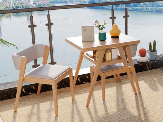 Solid wood Bistro dining table set 3 pcs Outdoor Patio Dining table Set of 2 with upholstered chairs Stackable Chair and Table Design Patio Conversation Set for Lawn,Deck,Backyard,Natural wood color - size: 31.5“ x 23.6” x 30“