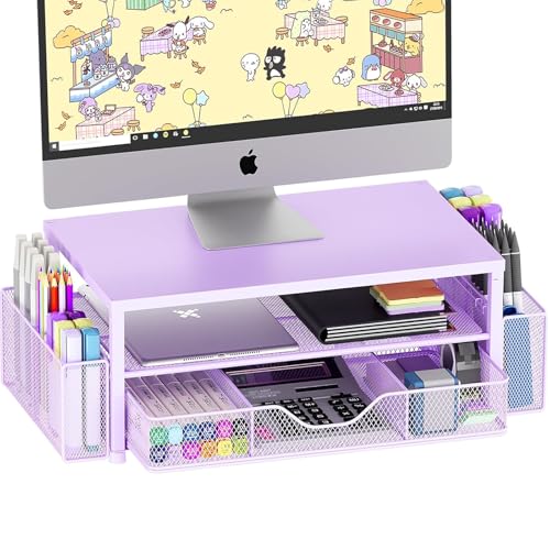 Desk Organizer and Accessories, 2-Tier Computer Monitor Stand Riser with Drawer and 2 Pen Holders, Laptop Stand, Office Desk Accessories for Office Supplies, 1 Pack, Purple - color: Purple 1-Pack, size: 2-Tier