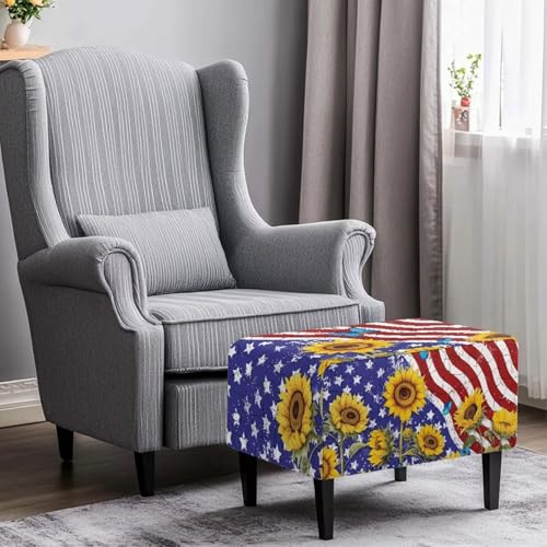 Stretch Soft American Flag Sunflower Ottoman Cover Rectangle Ottoman Slipcovers for Foot Stool Folding Storage Furniture for Living Room with Nonslip Elastic Bottom - color: American Flag Sunflower, size: Medium