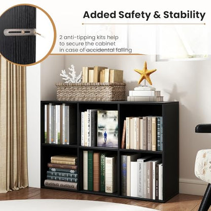 Giantex 6-Cube Bookcase, 3-Tier Cubby Bookshelf, Horizontal Vertical Display Rack with Anti-Tipping Kits, Modern Storage Organizer Shelf Unit for Bedroom, Living Room, Study Room, Black | Horizontal Vertical Display Rack with Anti-Tipping Kits, Modern Sto