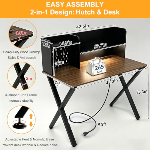 Lightdot 44" ×24" Black Home Office Computer Desk with Charging Ports, Study Gaming Desk with Hutch Pegboard & Motion Sensor Light, Student Writing Desk with Storage for Home Office Bedroom - color: Black/Walnut