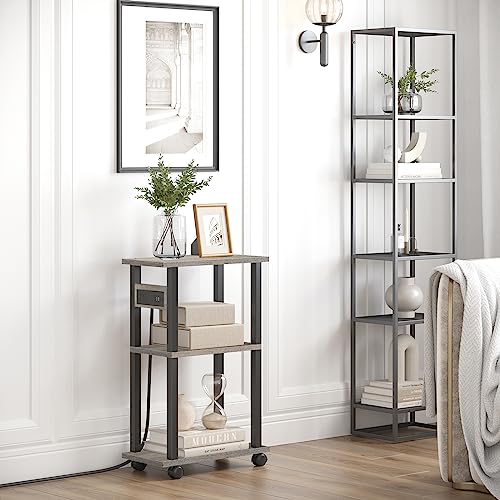 TUTOTAK Small Narrow Side Table, Set of 2 Skinny End Table | for Small Spaces, Slim Nightstand with USB Ports and Outlet,Sofa Beside Table with Wheels, Greige TB01BG047 - color: Greige, size: 2 PC, style: With Plug