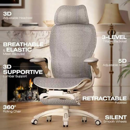 X100 Ergonomic Mesh Office Chair with Footrest, Big and Tall Home Desk Chair with 5D Flip-Up Arms, Adjustable 3D Lumbar Support, Gaming & Executive Computer Chair (Foggy Morning) - color: Foggy Morning