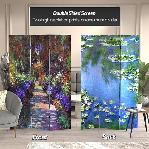 Red Lantern Double Sided Works of Monet Canvas Folding Screen - Lilies/Garden at Giverny, 6 ft. Tall - color: Lilies/Garden at Giverny, size: 6 Foot Tall - 4 Panel