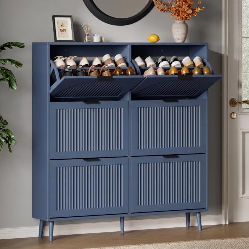 Xixini Shoe Storage Cabinet with 6 Flip Drawers, 50" Tall Narrow Wood Fluted Shoe Organizer for Entryway, Freestanding Wooden Hidden Slim Shoe Rack for Front Door Entrance, Hallway, Foyer, Navy Blue - color: Navy Blue, size: 6 Flip Drawers