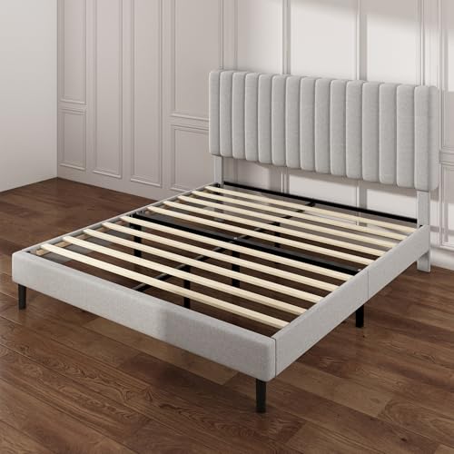King Linen Bed Frame with Vertical Channel Tufted Headboard Light Grey | Upholstered Platform Bed, No Box Spring Needed, Noise-Free, Strong Wooden Slat, Durable Metal Frame, Easy Assembly - color: Light Grey, size: King