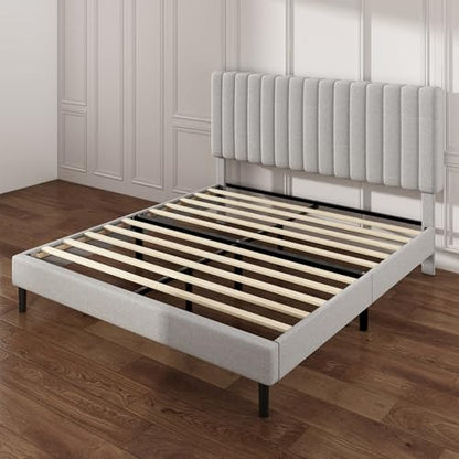 King Linen Bed Frame with Vertical Channel Tufted Headboard Light Grey | Upholstered Platform Bed, No Box Spring Needed, Noise-Free, Strong Wooden Slat, Durable Metal Frame, Easy Assembly - color: Light Grey, size: King
