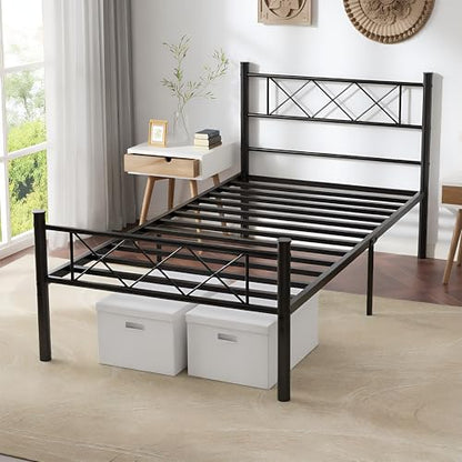 VECELO Twin Size Bed Frame with Headboard, Heavy Duty Bedframe with Strong Metal Slats, No Box Spring Needed & Easy Assembly, Matte Black - color: Matte Black, size: Twin