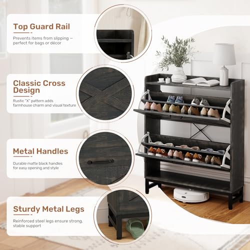 Miereirl Rustic Farmhouse Shoe Cabinet with 2 Flip Drawers, Narrow Entryway Shoe Storage Organizer for 12–16 Pairs, Space-Saving Hallway Shoe Rack with Metal Frame & Top Shelf for Bags (Dark Gray)