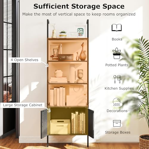 Giantex 72.5" Ladder Bookshelf with Cabinet, 5-Tier Tall Wall-Mounted Shelf w/Storage, Modern Style Kitchen Open Shelving Organizer, Heavy-Duty Metal Frame Display Rack for Living Room,Black - color: Black