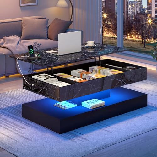 chartustriable 47.2" Large Lift Top Coffee Table, Modern LED High Glossy Coffee Table with Storage for Living Room, Lift Up Living Room Center Tables with Charging Station, LED Lights, Black - color: Black, size: 47.2"