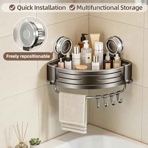 Suction Cup Corner Shower Caddy, No Drill, 1 Tier, Gray | Aluminum, With Hooks, Floating Rack for Inside, Bathroom Wall Shelf Organizer - style: Suction Cup Corner Shower Caddy ,1 Tier ,Gray