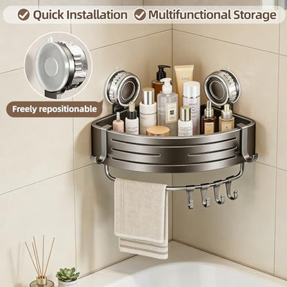 Suction Cup Corner Shower Caddy, No Drill, 1 Tier, Gray | Aluminum, With Hooks, Floating Rack for Inside, Bathroom Wall Shelf Organizer - style: Suction Cup Corner Shower Caddy ,1 Tier ,Gray