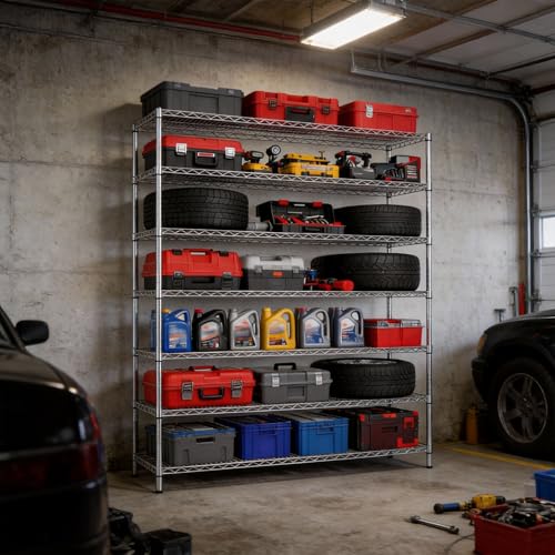 Finnhomy 4200LBS 7-Tier Wire Shelving Unit Adjustable Steel Wire Rack, 18x60x80.2 Inches 7 Shelves Metal Rack, Pantry Shelves for Storage, Metal Garage Shelving with 1" Poles, NSF Certified, Chrome - color: Chrome, size: 18x60x80.2