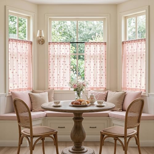 MYSKY HOME Pink Sheer Kitchen Curtains Over Sink 24 inch Length,2 Panels | Light Filtering Semi Sheer with Pom Pom,Short Tier Half Curtains for Cafe Small Window Decor, Rod Pocket,26Wx24L - color: 1-dusty Pink, size: 26"W x 24"L (Pack of 2)