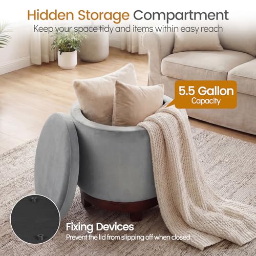 Giantex Round Ottoman with Storage, 360° Swivel Velvet Vanity Stool with Removable Lid, Wood Frame & Legs, Ottoman Foot Rest for Living Room, Bedroom, Makeup Room No Assembly (Gray & Walnut) - color: Gray & Walnut