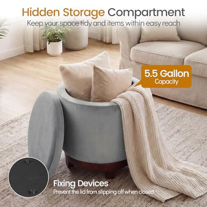 Giantex Round Ottoman with Storage, 360° Swivel Velvet Vanity Stool with Removable Lid, Wood Frame & Legs, Ottoman Foot Rest for Living Room, Bedroom, Makeup Room No Assembly (Gray & Walnut) - color: Gray & Walnut
