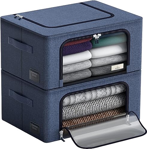 Sorbus Storage Bins with Metal Frame - Stackable & Foldable Clothes Organizer Bags - Oxford Fabric Storage Containers with Large Clear Window & Carry Handles, Bedroom Organization for Bedding & Linen - color: Blue, size: 2 Pack