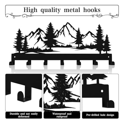 Key Holder Wall Mounted Key Hooks, Black Metal Key Rack Hooks, The Great Grove, Mountain Theme Wall Decoration Hooks, with 7 Hooks, Applicable to Front Doors, Lobby,Corridor, Offices (12 ")