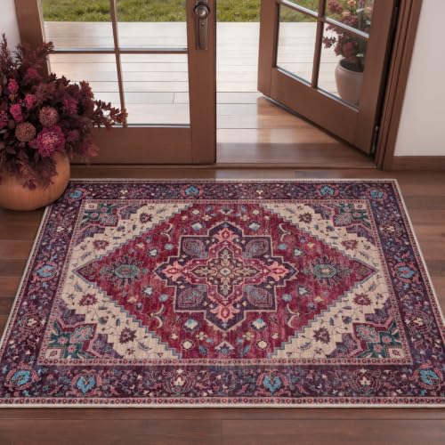 Tangsoo Oriental Small Area Rugs for Entryway, Non Slip 2x3 Washable Rug | Tangsoo Vintage Indoor Front Door Rug Mat, Soft Low Pile Print Small Carpet Throw Rugs for Entry Entrance Kitchen Burgundy - color: Burgundy, size: 2' X 3' (Rectangular)