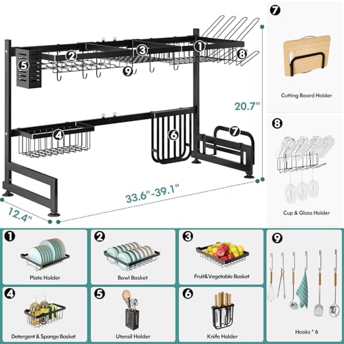2 Tier Extra Large Stainless Steel Over The Sink Dish Drying Rack | Rust Proof Metal, Expandable Kitchen Sink Drainer, Counter Space Saving, Heavy Duty, Modern Black, Multifunctional Storage - color: Black, size: Over Sink 2 Tier