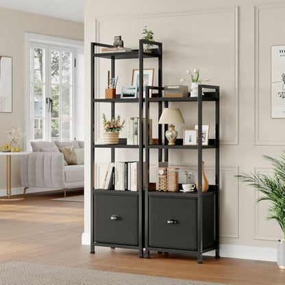 DUMOS 5 Tier Bookshelf with Fabric Drawer, Tall Industrial Bookcase, Narrow Display Standing Shelf, Wood and Metal Storage Shelf Organizer in Bedroom, Living Room, Modern Black