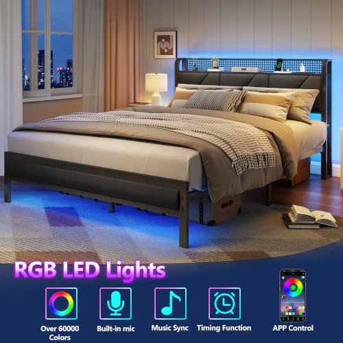 Queen Bed Frame with Storage Shelf and Upholstered Headboard | Metal Platform Bed with LED Light, Charging Station and Heavy Duty Slats, No Box Spring Needed, Noise Free & Easy Assembly - size: Queen, style: Bed Frame