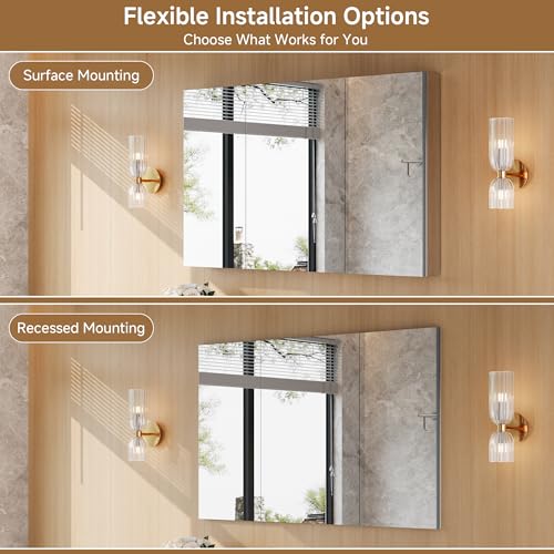 48" x 30" Bathroom Medicine Cabinet with Mirror, Recessed or Wall Mount | Medicine Cabinets with Adjustable Glass Shelves, Soft-Closed Hinge, Chrome Aluminum Frame, Reverse Installation - size: 48" x 30"