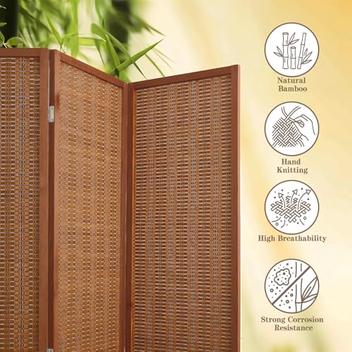 4 Panel Bamboo Room Divider, Folding Privacy Screen, Dark Brown | Pine wood frame, dual-action stainless steel hinges, 5.6FT tall, extends to 63 inches wide, no assembly - color: Dark Brown, size: 4 Panel
