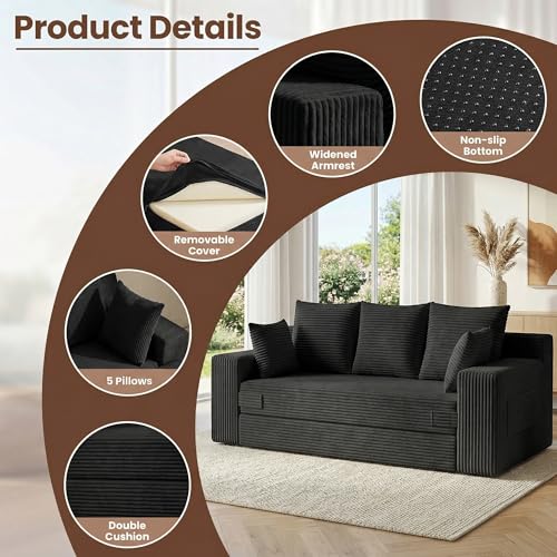Boneless Couches 70 inch: 3-in-1 Convertible Sofa Bed Futon Couch Bed, Oversized Loveseat Sleeper Sofa with 5 Pillows, Black Small Couch for Living Room, Bedroom & Small Space - color: Black, size: 70 Inch