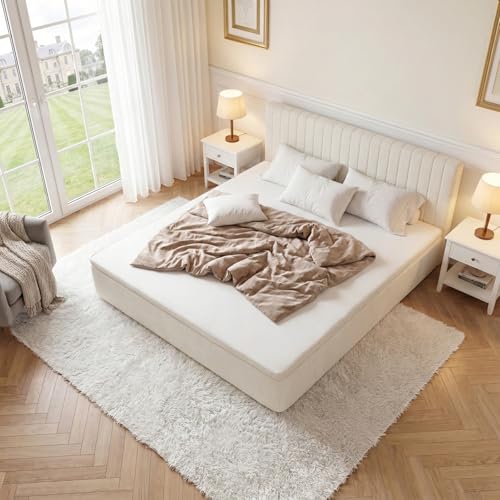 King Compression Bed Boneless Bed Frame with Mattress and Headboard - color: Off White, size: King