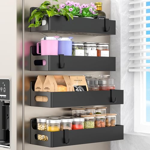 Black Magnetic Spice Rack for Refrigerator, 4 Pack | Kitchen Magnetic Shelf for Fridge, Spice Organizer and Storage, Baby Bottle Holder for Fridge, Magnetic Tea Bag Organizer - color: Upgrade Black, size: 4 Pack