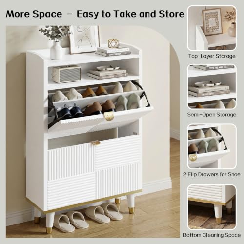Shoe Storage Cabinet with 2 Flip Drawers & Open Shelves | Fluted Panel, Hidden Storage, Modern, Freestanding, Wooden, Narrow Shoe Cabinet for Entryway Small Room Apartment, White