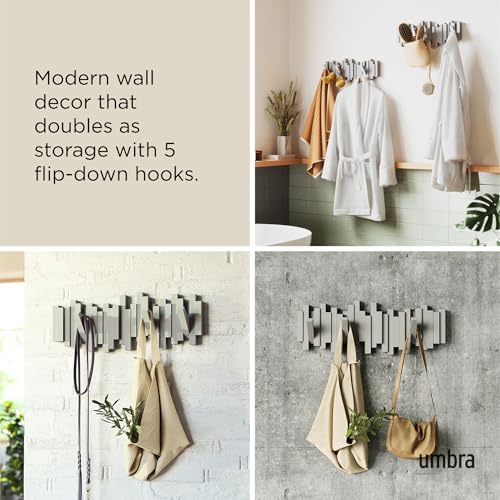 Umbra Sticks Wall Mount Coat Rack, 5 Hook Retractable Pegs, Grey | Mounting hardware included, sculptural modern design, entryway or bedroom use, recycled plastic - color: Gray, size: 5-Hook