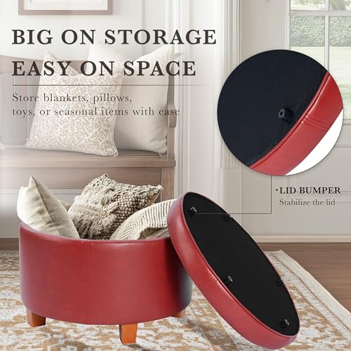 HomePop Round Leatherette Storage Ottoman with Lid, Cinnamon Red Large - color: Cinnamon Red