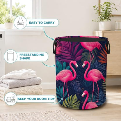 Pink Flamingo Collapsible Laundry Hamper,Tropical Palm Leaves Waterproof Oxford Cloth Clothes Basket with Handles for Bathroom Bedroom Nursery Dorm Room,16" x 20" - color: Pink Flamingo,Tropical Palm Leaves