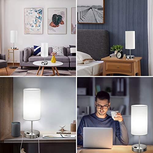 Set of 2 Touch Control Table Lamps with 2 USB Charging Ports&AC Outlet, 3-Way Dimmable Bedside Nightstand Lamps with White Fabric Lampshade for Reading, Bedroom, Living Room, A19 LED Bulbs Included - color: White
