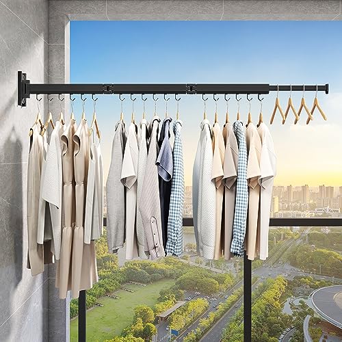 Wall Mounted Tri-Fold Clothes Drying Rack, Heavy Duty Collapsible Laundry Drying Rack, Space-Saving Retractable Foldable Drying Rack Clothes for Laundry Room Balcony Bathroom,Black-Hooks - style: Black-Hooks