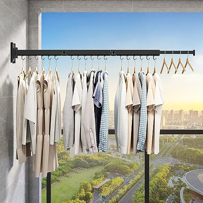 Wall Mounted Tri-Fold Clothes Drying Rack, Heavy Duty Collapsible Laundry Drying Rack, Space-Saving Retractable Foldable Drying Rack Clothes for Laundry Room Balcony Bathroom,Black-Hooks - style: Black-Hooks